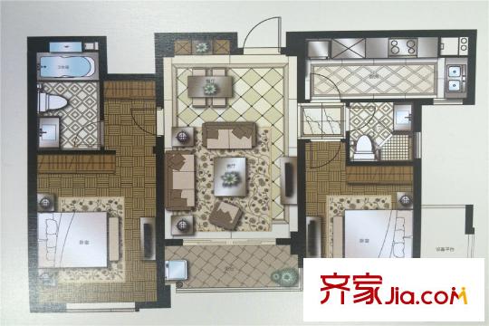 蘇州灣壹號一期1#2#標(biāo)準(zhǔn)層B戶型 2室2廳2衛(wèi)2廚