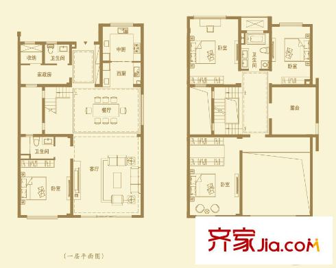 萬科璞悅灣雙拼別墅253平方米戶型 4室2廳3衛(wèi)1廚