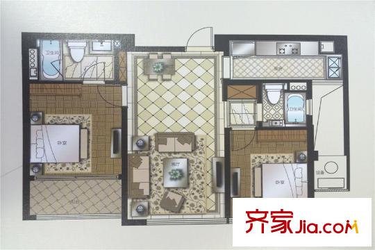 蘇州灣壹號一期3#8-30層E戶型 2室2廳2衛(wèi)1廚