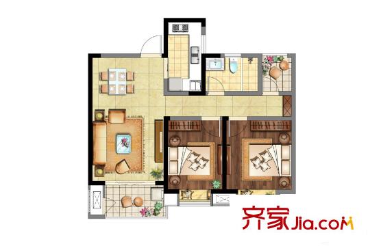 天鴻尹山湖韻佳苑9#標(biāo)準(zhǔn)層03室 D2戶型 2室2廳1衛(wèi)1廚