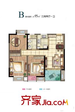 儷珠華庭高層15#10#8#中間戶B戶型 3室2廳1衛(wèi)1廚