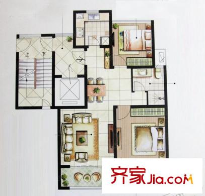 星櫚灣51#、53#小高層標(biāo)準(zhǔn)層C戶型 1室2廳2衛(wèi)1廚