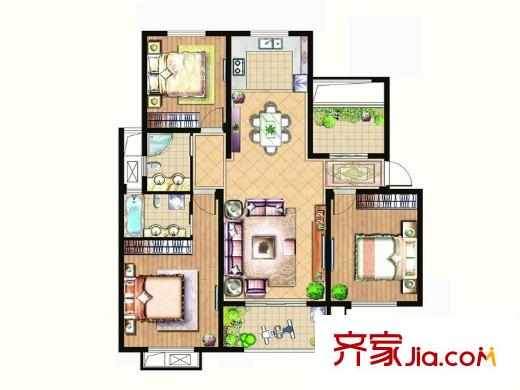 塞納陽(yáng)光一期1#多層標(biāo)準(zhǔn)層E戶型 4室2廳2衛(wèi)1廚