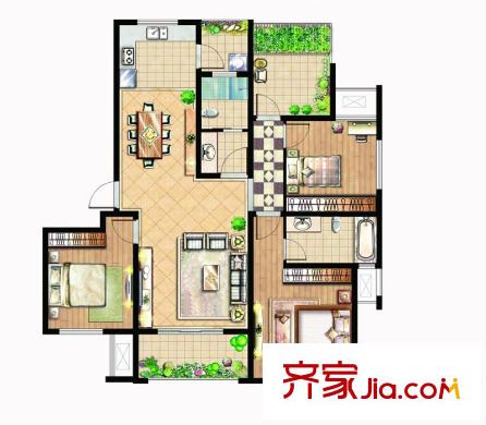 塞納陽(yáng)光一期5#小高層標(biāo)準(zhǔn)層A1戶型 3室2廳2衛(wèi)1廚