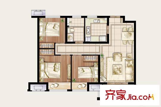 中海雙灣錦園高層標準層90平戶型 3室2廳1衛(wèi)1廚
