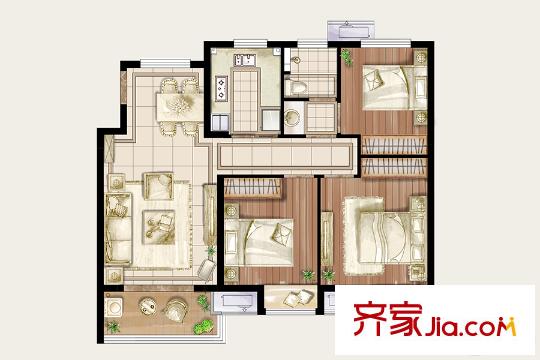 中海雙灣錦園高層標準層95平戶型 3室2廳1衛(wèi)1廚