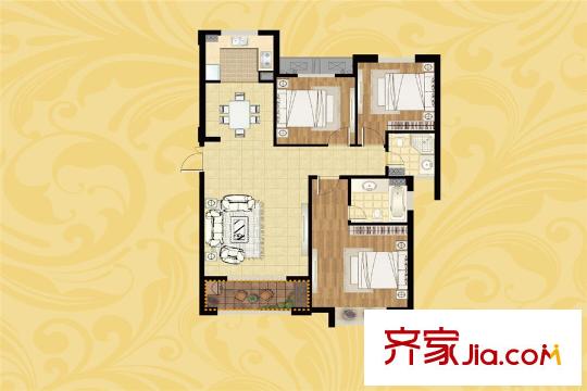 東湖華庭一期7#標(biāo)準(zhǔn)層B3戶型 3室2廳2衛(wèi)1廚