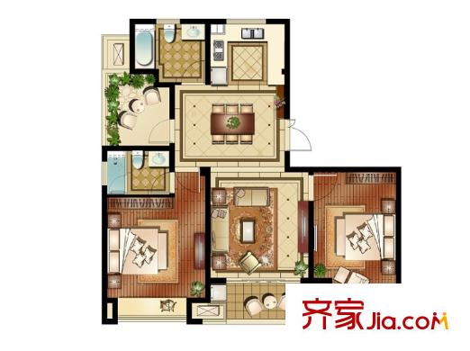運河公館10#小高層標(biāo)準層B戶型 3室2廳1衛(wèi)1廚