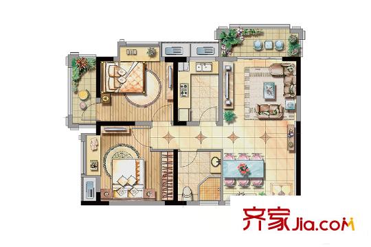 海星生活廣場(chǎng)公寓1號(hào)樓標(biāo)準(zhǔn)層C1戶型 2室2廳1衛(wèi)1廚