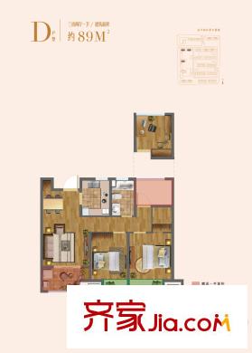 尼盛濱江城一期7#標(biāo)準(zhǔn)層D戶型 3室2廳1衛(wèi)1廚