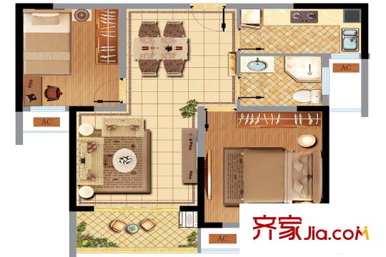 齊門人家高層6#樓標(biāo)準(zhǔn)層C戶型 2室2廳1衛(wèi)1廚