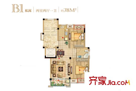 澳海胥江灣1#2#6#9#標(biāo)準(zhǔn)層B1戶型 2室2廳1衛(wèi)1廚