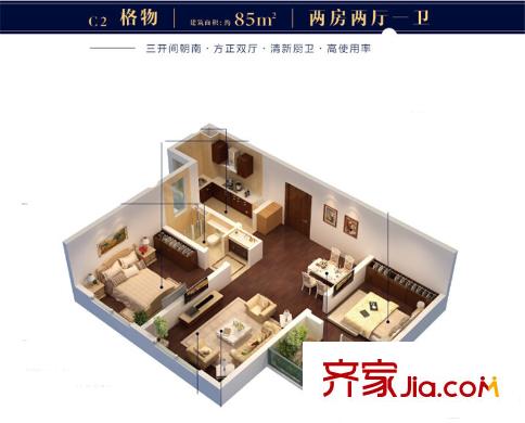 朗詩相門綠郡2#標準層C2戶型 2室2廳1衛(wèi)1廚