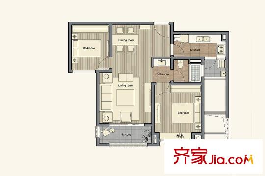 仁恒棠悅灣17#19#標(biāo)準(zhǔn)層B戶型 2室2廳1衛(wèi)1廚