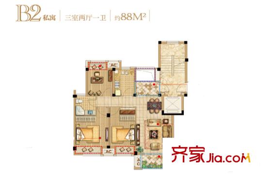 澳海胥江灣2#3#5#10#B2戶型 3室2廳1衛(wèi)1廚