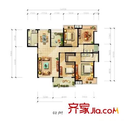 天地源水墨三十度户型图 户型图 4室2厅2卫1厨