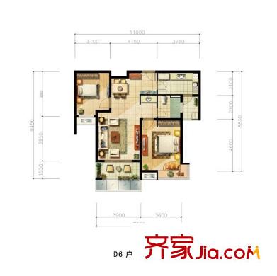 天地源水墨三十度戶型圖 戶型圖 2室2廳1衛(wèi)1廚
