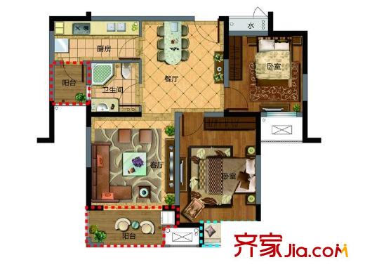 新湖明珠城三期紫桂苑東區(qū)1#標(biāo)準(zhǔn)層B戶型 2室2廳1衛(wèi)1廚