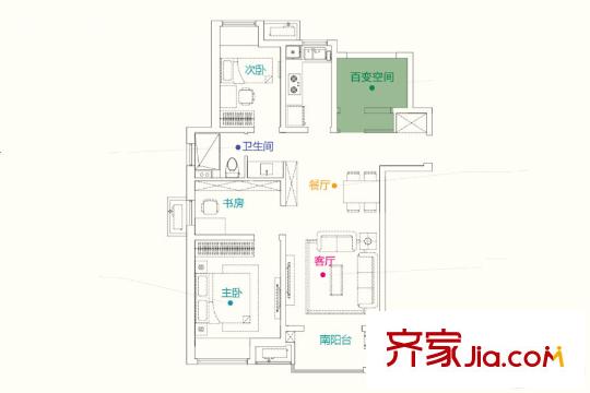 万科北宸之光4,8,11#高层标准层95平方米户型 3室2厅1卫1厨