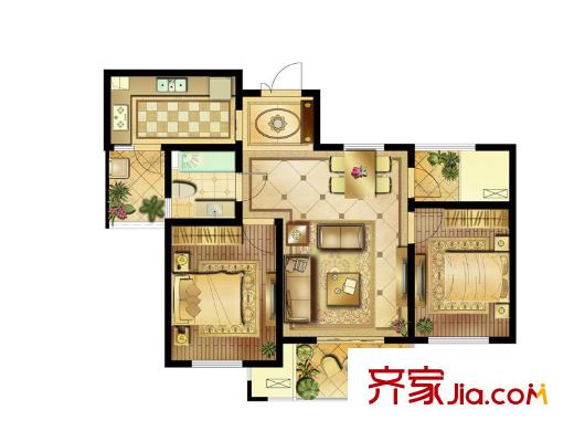 浦灣公館一期1#標準層A戶型 2室2廳1衛(wèi)1廚