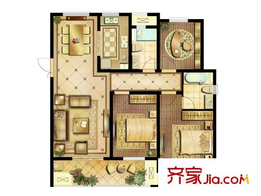 浦灣公館一期1#標(biāo)準(zhǔn)層B戶型 3室2廳2衛(wèi)1廚
