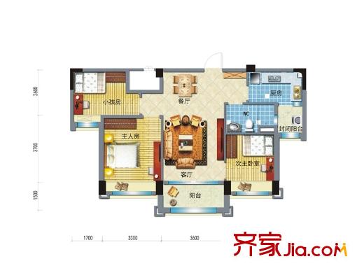 碧桂園?城市花園5、8、9、10號樓J550T-B戶型 3室2廳1衛(wèi)1廚