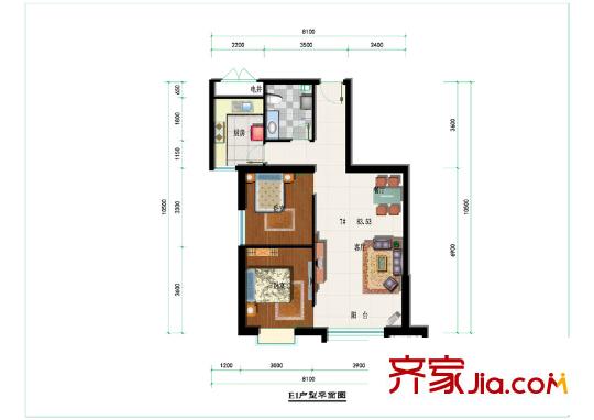 寶豐?紫金城E1戶型 2室2廳1衛(wèi)1廚