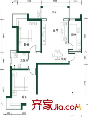 金匯廣場1#、2#、3#、5#、6#、8#樓D戶型（蓮香） 2室2廳1衛(wèi)1廚