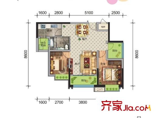 幸福家園6#-1 B2戶型圖 2室2廳1衛(wèi)1廚