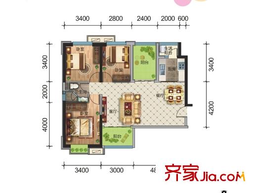 幸福家園1#樓28F C2戶型圖 3室2廳1衛(wèi)1廚