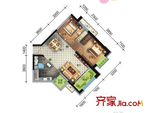 幸福家園1#樓B1戶型圖 2室2廳1衛(wèi)1廚