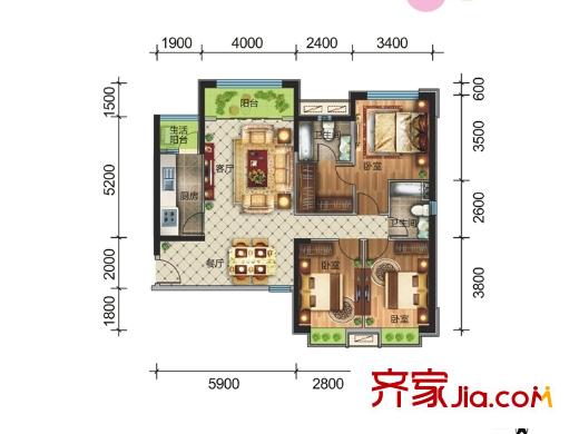 幸福家園2#、3#樓C1戶型圖 3室2廳1衛(wèi)1廚