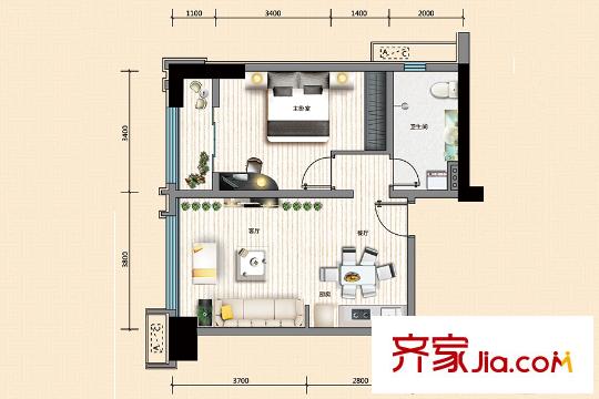 幸福家園A1戶型 1室1廳1衛(wèi)1廚