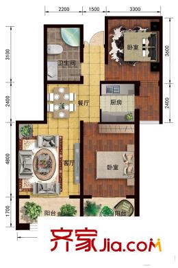 眾邦金水灣1號院6戶型 2室2廳1衛(wèi)1廚