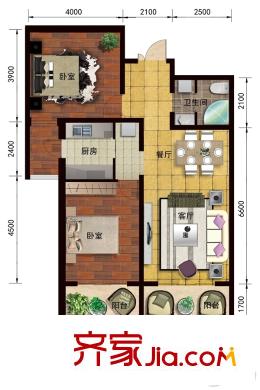 眾邦金水灣1號院3.戶型 2室2廳1衛(wèi)1廚