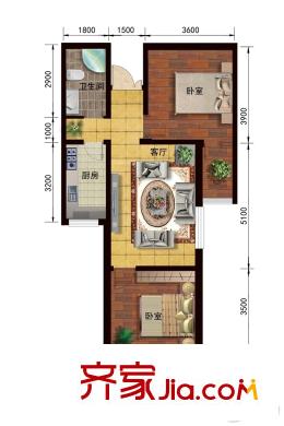 眾邦金水灣1號院4戶型 2室1廳1衛(wèi)1廚