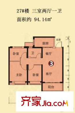 恒大山水城三期27#樓94.14平方米 3室2廳1衛(wèi)1廚