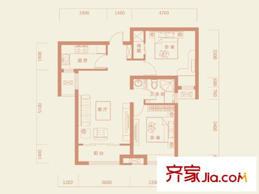 保利?領(lǐng)秀山2#A1戶型圖 2室2廳1衛(wèi)1廚