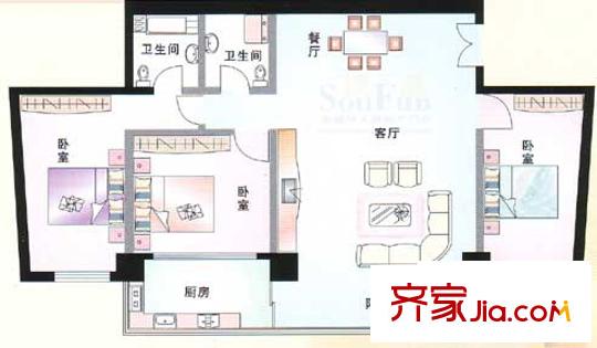 建信大廈戶型圖E戶型 3室2廳2衛(wèi)1廚