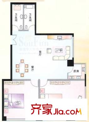 建信大廈戶型圖D戶型 2室2廳2衛(wèi)1廚