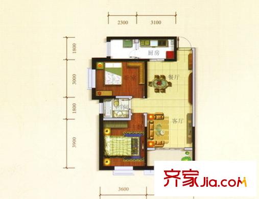 省人民醫(yī)院住宅小區(qū)戶型圖F戶型：兩房兩廳一衛(wèi) 2室2廳1衛(wèi)1廚