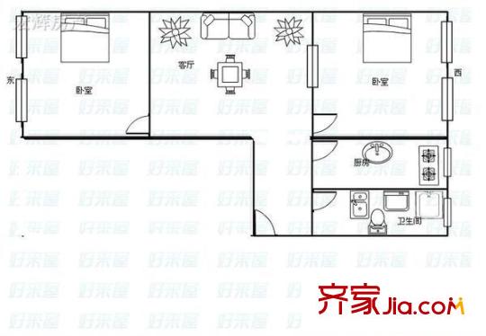 省國(guó)土資源廳家屬院2室 戶型圖