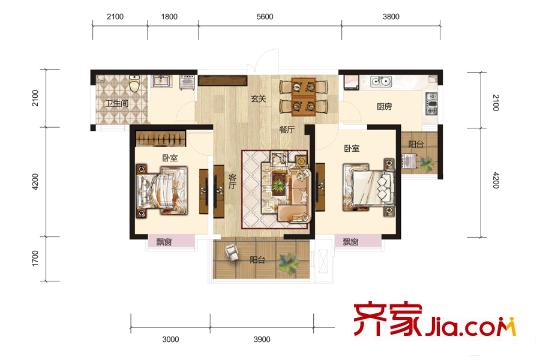 蘭石?睿智名居6#7#10#13#14#16#18#19C2戶型 2室2廳1衛(wèi)1廚