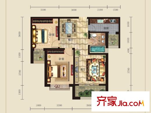 中國(guó)鐵建?梧桐苑D戶型 2室2廳1衛(wèi)1廚