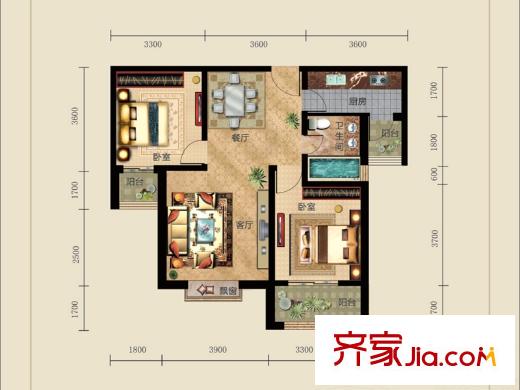 中國(guó)鐵建?梧桐苑B戶型 2室2廳1衛(wèi)1廚