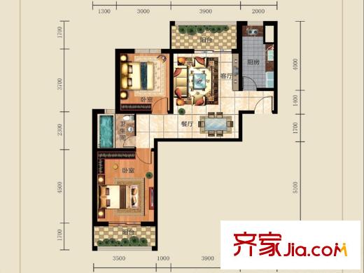 中國鐵建?梧桐苑A戶型 2室2廳1衛(wèi)1廚