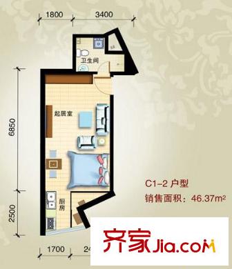 時代偉業(yè)戶型圖C1-2戶型 46.37平方米 1室1衛(wèi)1廚