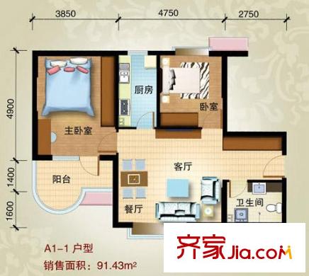 時代偉業(yè)戶型圖A1-1戶型 91.43平方米 2室2廳1衛(wèi)1廚