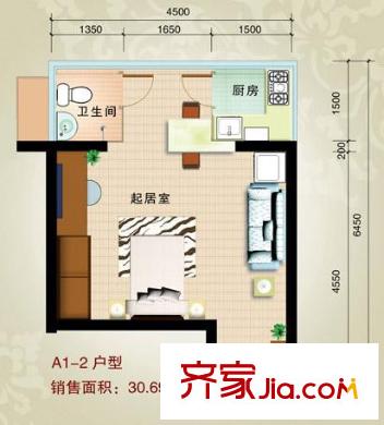 時(shí)代偉業(yè)戶(hù)型圖A2-2戶(hù)型 30.69平方米 1室1衛(wèi)1廚