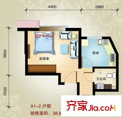 時代偉業(yè)戶型圖A1-2戶型 38.88平方米 1室1衛(wèi)1廚